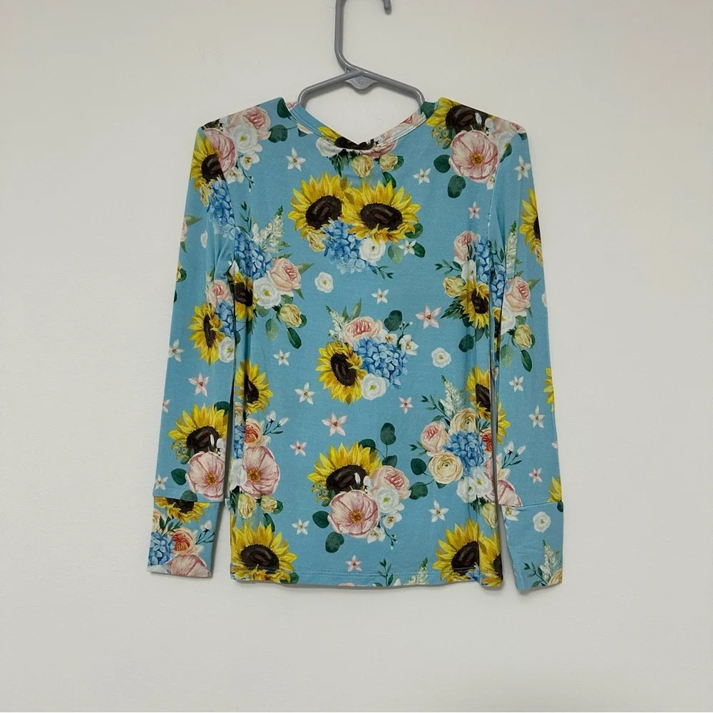 NWT Posh Peanut Blue Multi-Floral Sunflower Long Sleeve Top Size 5T Turquoise